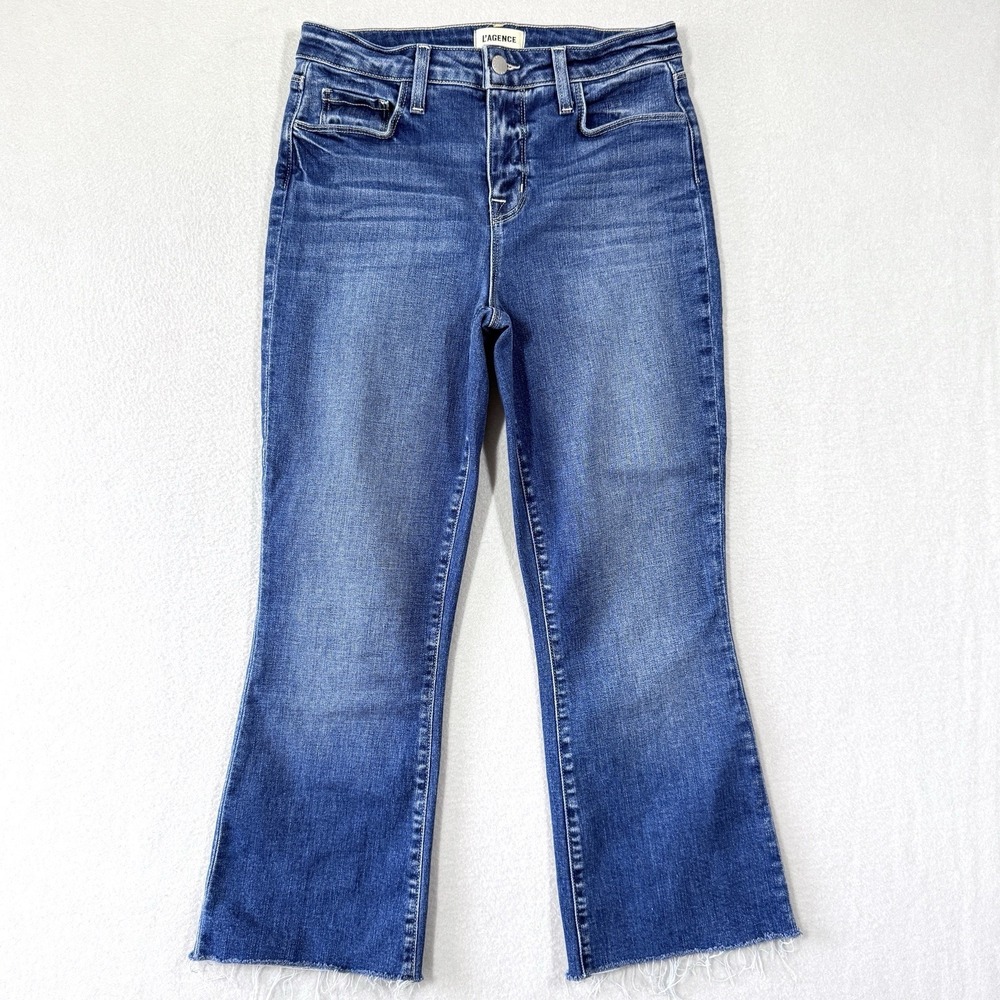 L'AGENCE Jeans Womens 26 Kendra High Rise Cropped Flare Cambridge Wash Raw Hem